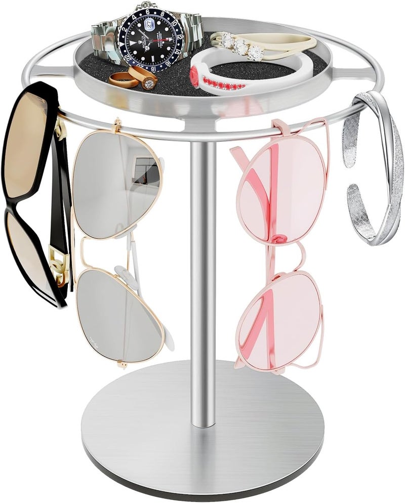 LSK Metal Sunglasses Organizer, Glasses Holder Stand with Storgae Tray, Eyeglasses Holder with Anti-Slip Pads for Tabletop, Desk, Dresser, Brushed Nickel - Image 1